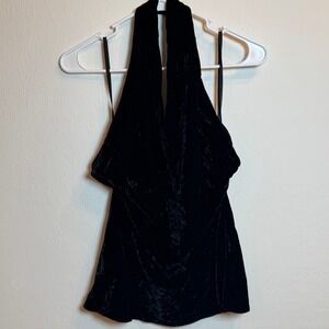 Express Womens Size L Black Crushed Velvet Halter Top Open Back V-Neck